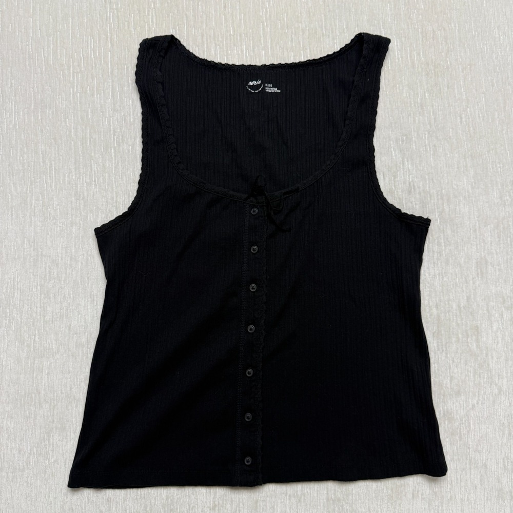 Aerie Black Lace Trim Tank Top Always And Forever Real Womens XL Rib Knit Cotton